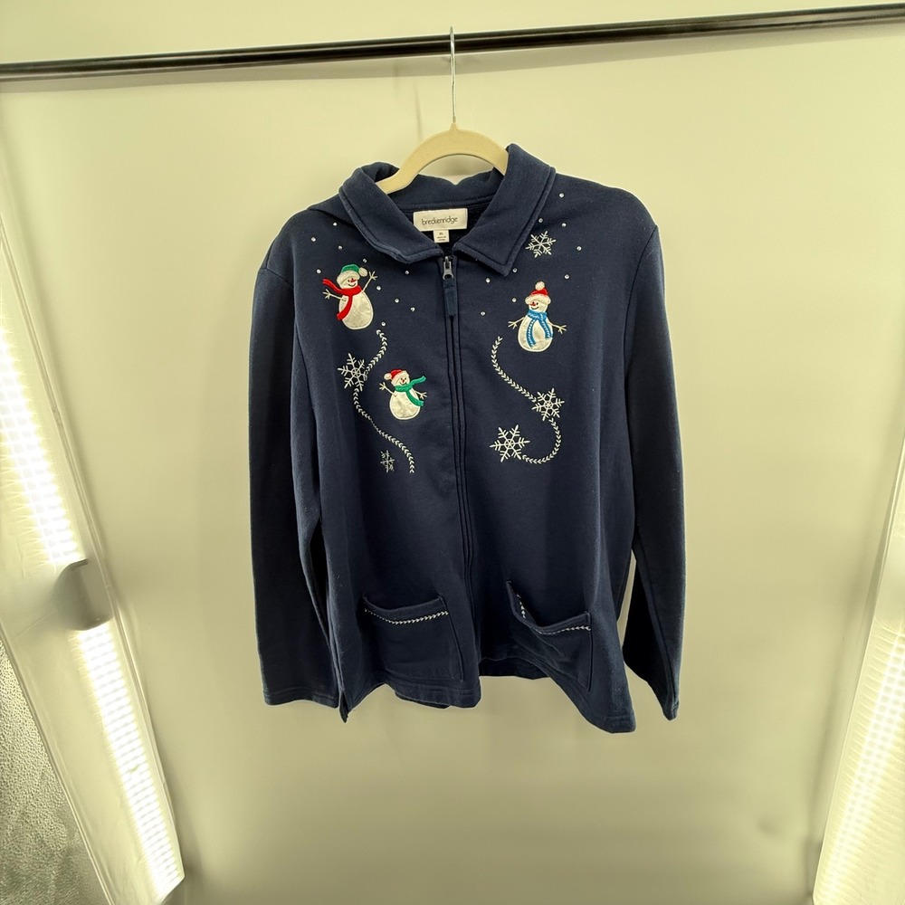 Breckenridge XL Snowman Zip Cardigan Navy‎ Fleece Jacket Embroidered Christmas